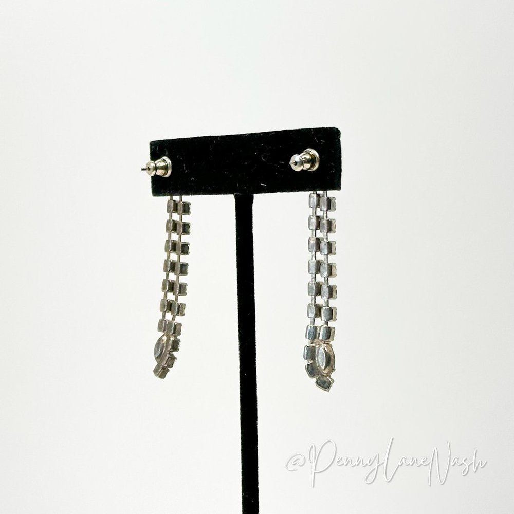 Vintage Two Row Rhinestone Drop with Blue Gem Dangle Earrings - Picture 6 of 9